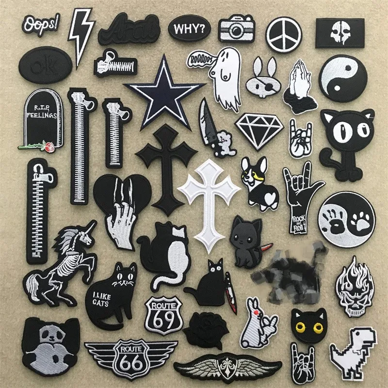 Black and White Embroidery Patches on Clothes Stripes Diy Iron on Patches for Clothing Badges Stickers Cross Ghost Appliques