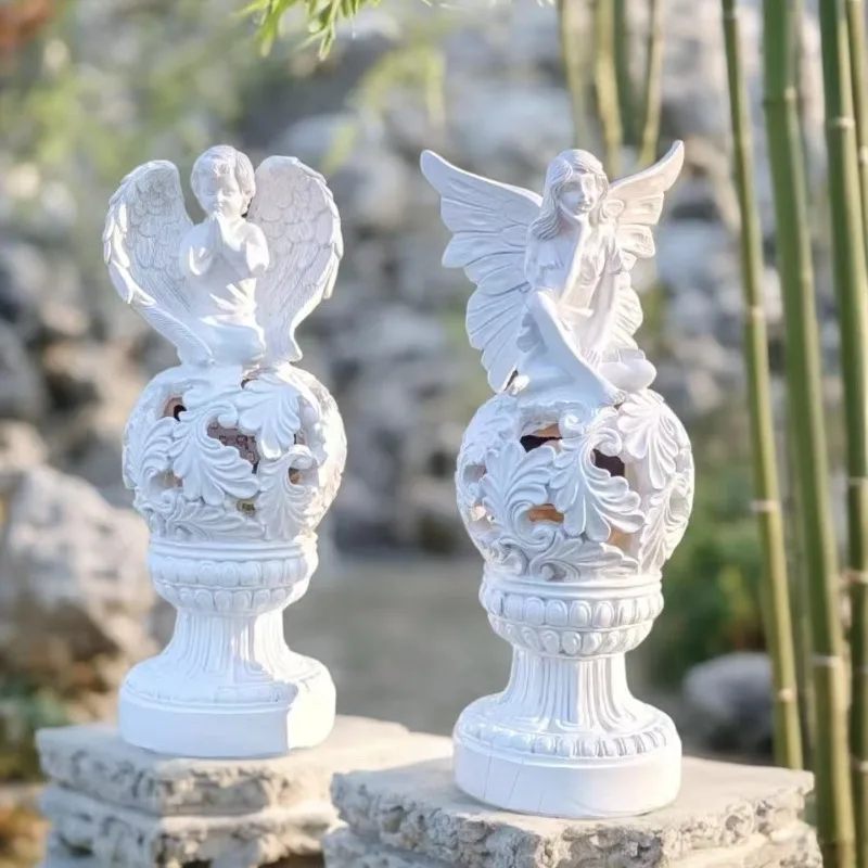 French Romantic Angel Statue with Carving Solar Color Changing Light Outdoor Garden Balcony Decor Craft