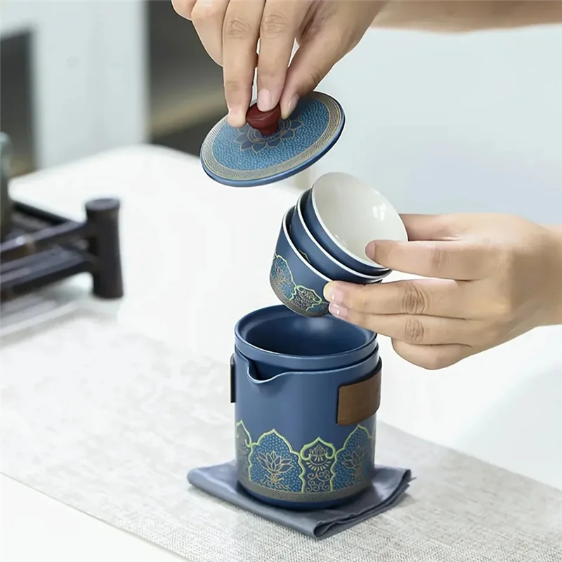 AB66-Leather Carry Bag Includes 1Set Travel Tea Set Portable Teapot Tea Canister Tea Cup Outdoor Quick Cup