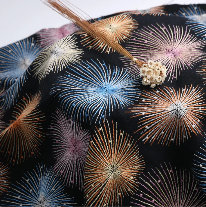 Thick Cotton Linen Fabric Flourishing Fireworks Embroidery Clothing Fabric Bags Pillows Seat Cushions Coffee Table Fabric