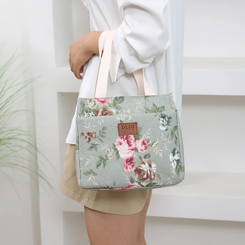 Portable Floral Print Lunch Bag Thermal Insulated Lunch Box Tote Cooler Functional Handbag Student Bento Pouch Food Storage Bags