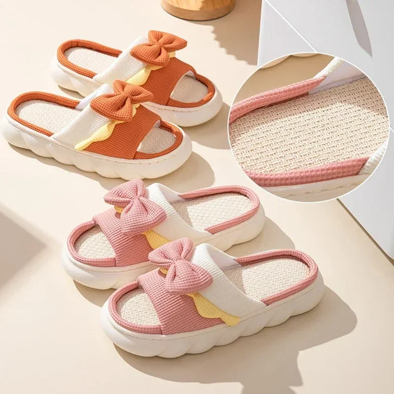 Women Thick Platform Linen Slippers Home Anti-slip Indoor Slipper Summer Beach Sandals Soft EVA Flat Shoes Cute Cartoon Slides