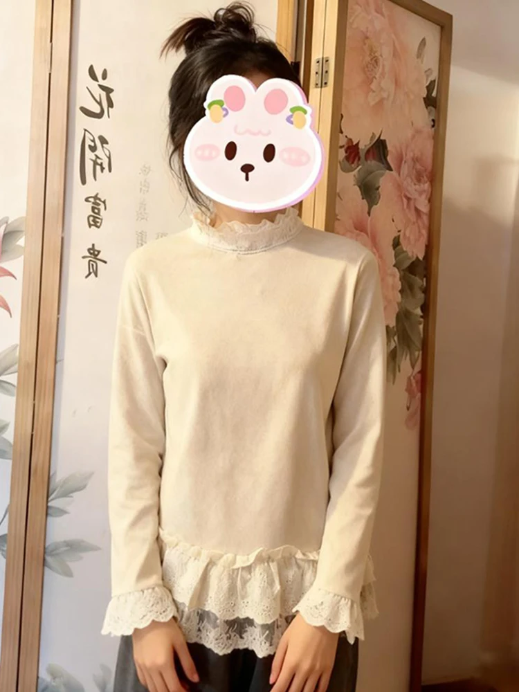 تي شيرت نسائي كوري بياقة عالية وتصميم دانتيل، فضفاض ونحيف، تصميم جديد للشتاء، مناسب للارتداء اليومي والكاجوال