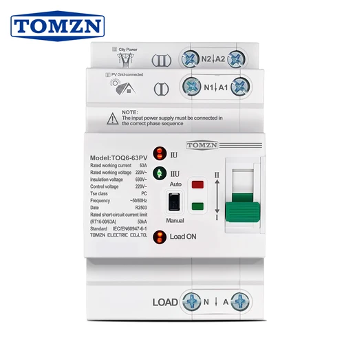 TOMZN Din Rail ATS L N 220V pequeña Doble potencia transferencia automática interruptores selectores eléctricos ininterrumpidos 2P 63A TOQ6 PV