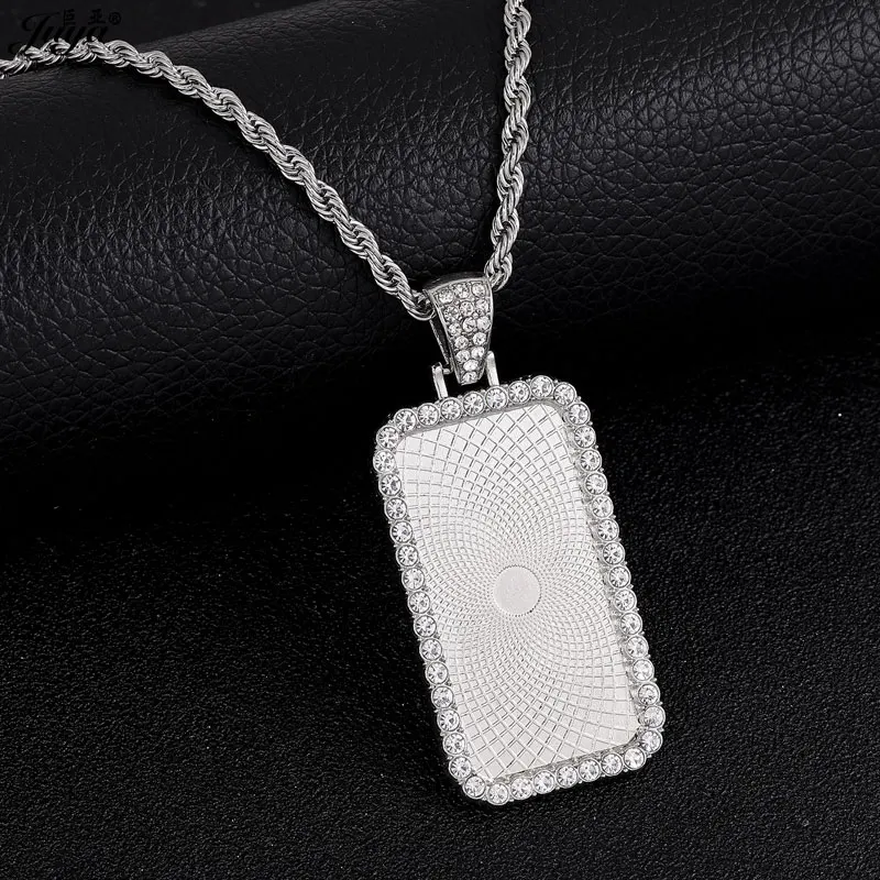 Alloy Rectangle Blank Pendant Base With 60cm Stainless Steel Chains For DIY Make Commemorate Necklaces Jewelry Accessories