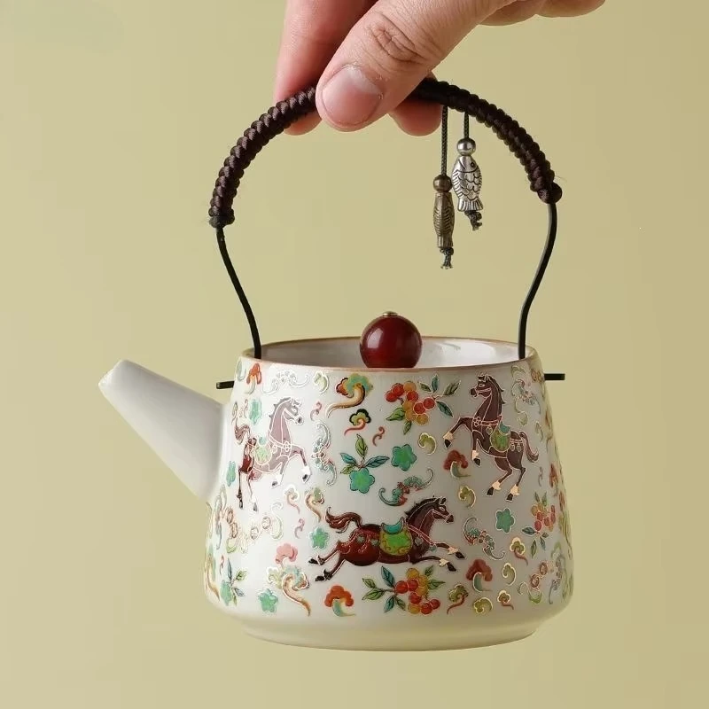 Flower Horse Beige Ru Kiln Double Fish Lifting Teapot Tea Cup Crackle Glaze Home Tea Set  Home Decor Gifting Decors