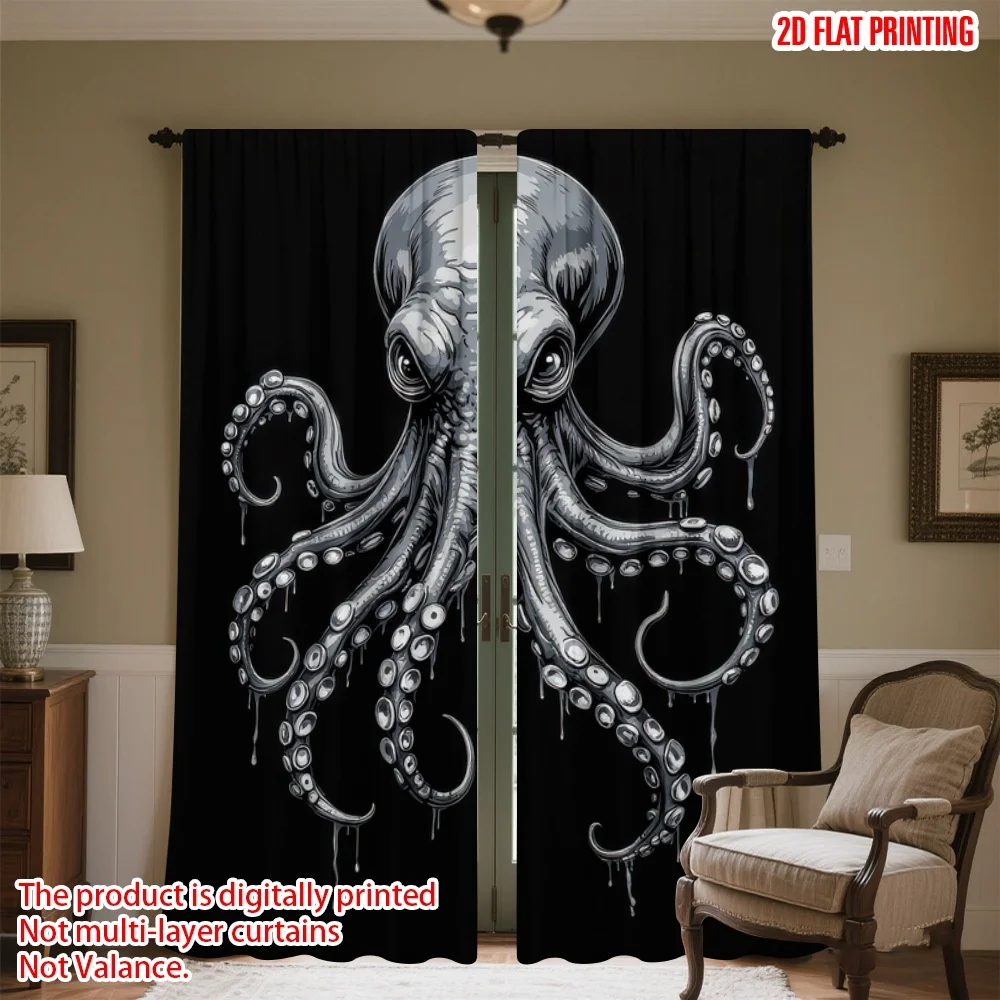 

2D flat printing 2pcs Curtain Octopus with Dripping Tentacles Digital Printed Polyester Drapes Festive Curtains for Booths