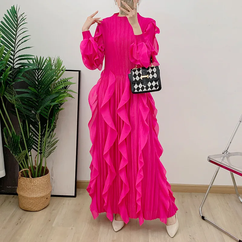 Fashion Ruffles Pleated Dress Women Round Neck Flare Sleeves Solid Maxi Belt Dresses Party 2024 Autumn New