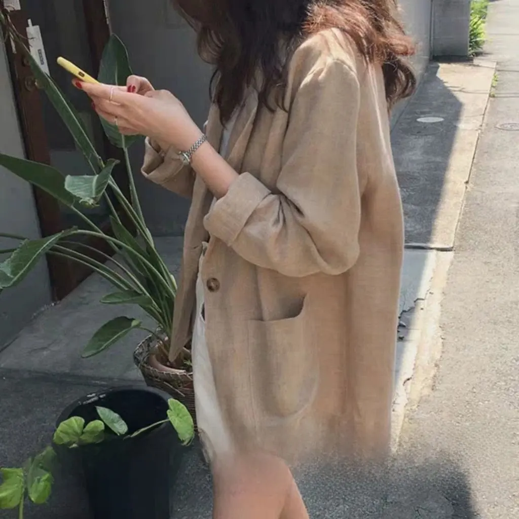 سترة كورية من القطن والكتان أوائل الخريف موضة فضفاضة على الطراز البريطاني بدلة صغيرة متعددة الاستخدامات سترة نسائية للمشاهير على الإنترنت