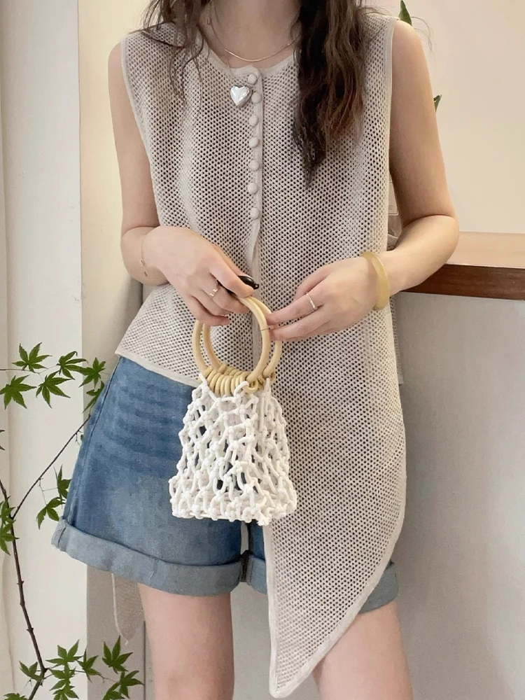 Ele Hollow out Irregular Knitted Vest Unique Design Loose Slimming Top Korean Sle Button Detail Silk Women's Summer irt