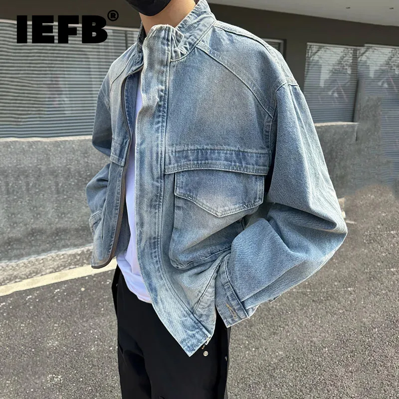 

IEFB Stand Collar Denim Jacket Men's Korean Style Jacket Trend 2024 New Fashion Long Sleeve Male Top Pocket Spring Summer 9C5223