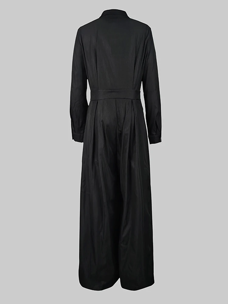 Gymystars Women\'s Solid Color Black Jumpsuit Fashion Half Open Collar Long Sleeves High Waisted Wide Leg Pants One-piece Suits