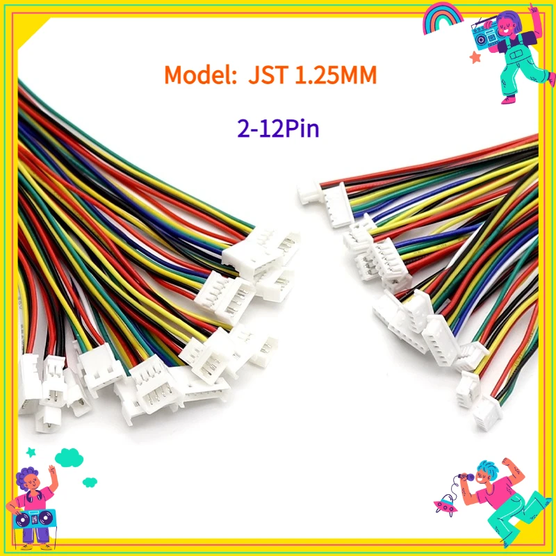10Pcs JST1.25mm Cable Connector 1.25MM Double Electronic Wire Connectors 10/15/20/30CM Flat Ribbon Terminal Wire Cable
