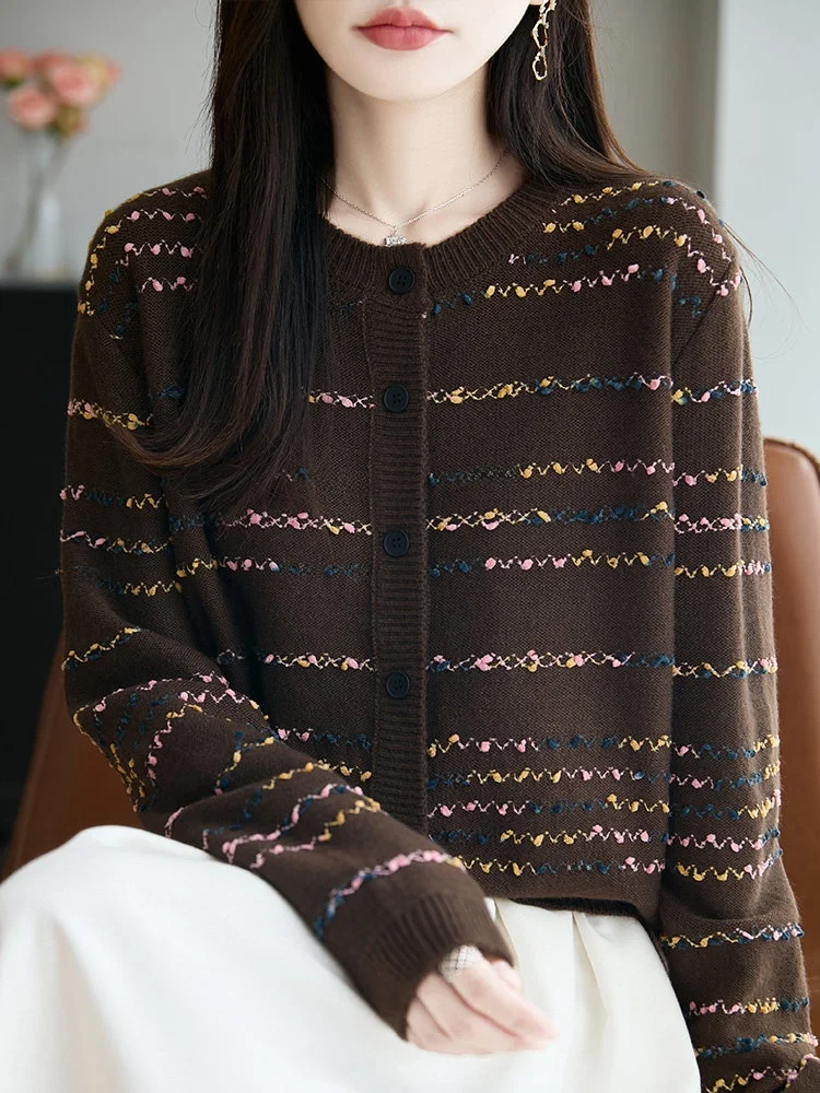 

Ретро-кардиган в полоску с круглым вырезом, вязаный, свободный, женский, весенний, модный, мягкий, с длинными рукавами, в полосатый узор