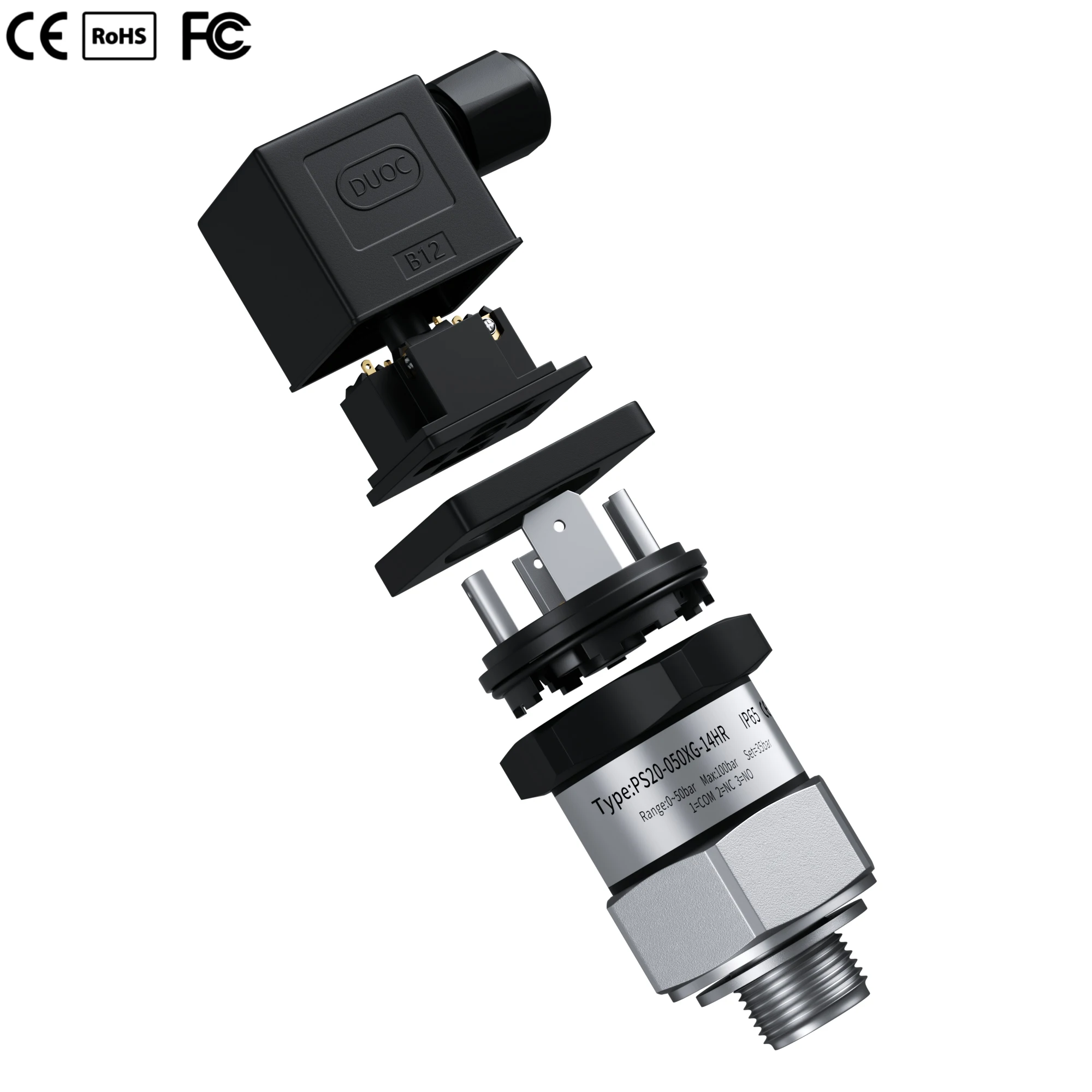 IP65 Edelstahlkolben Einstellbare Druckregelung 5-50bar 0-100bar 20-200bar NO+NC G1/4 Mechanischer Druckschalter