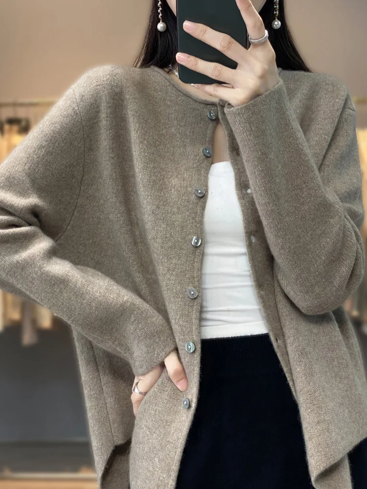 Hot Sale Women's Cardigan 100% Merino Wool Sweater Knitted Round Collar Cardigan Spring and Autumn Female Loose Fashion Clothes