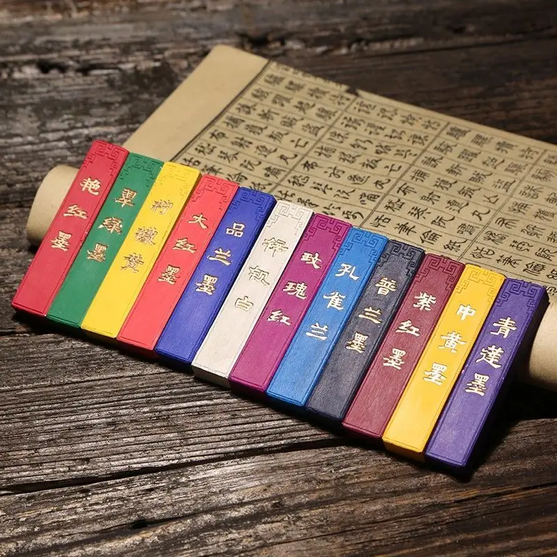 Hu Kaiwen Colorful Ink Stick Hui Mo Calligraphy Inker 12 Colors Ink Stick Painting Chinese Ink Block Calligraphy Ink Bar Stone