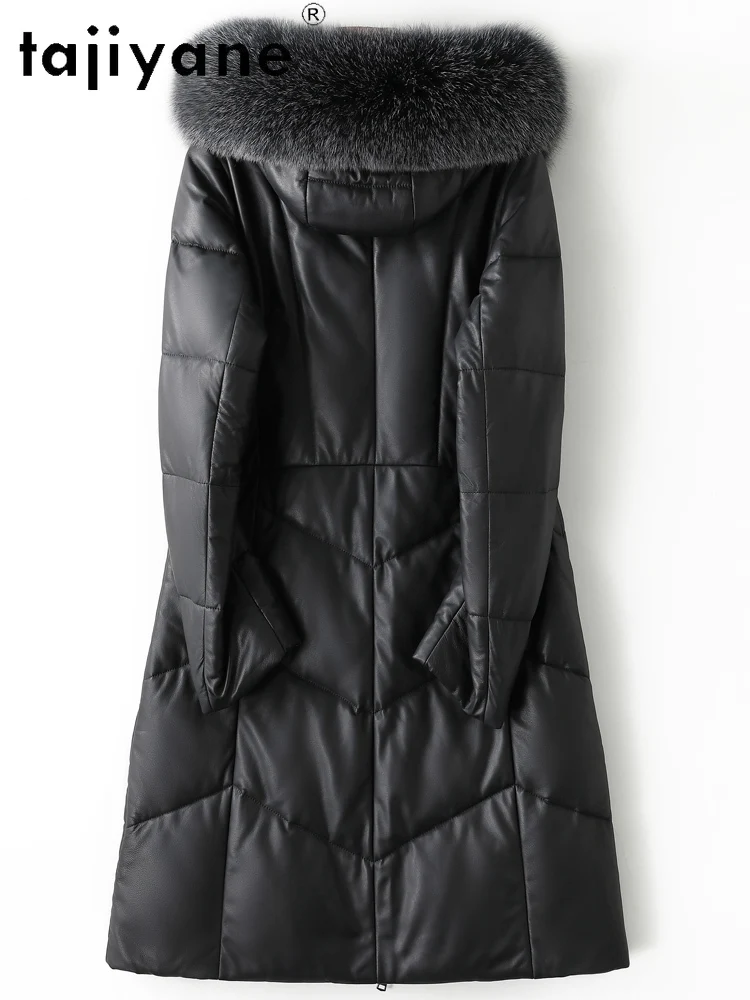 TAJIYANE 100% أعلى الحبوب جلد الغنم أوزة أسفل معطف طويل الجلد الحقيقي سترة منفوخة النساء مع الثعلب الفراء طوق 2025 الملابس الشتوية