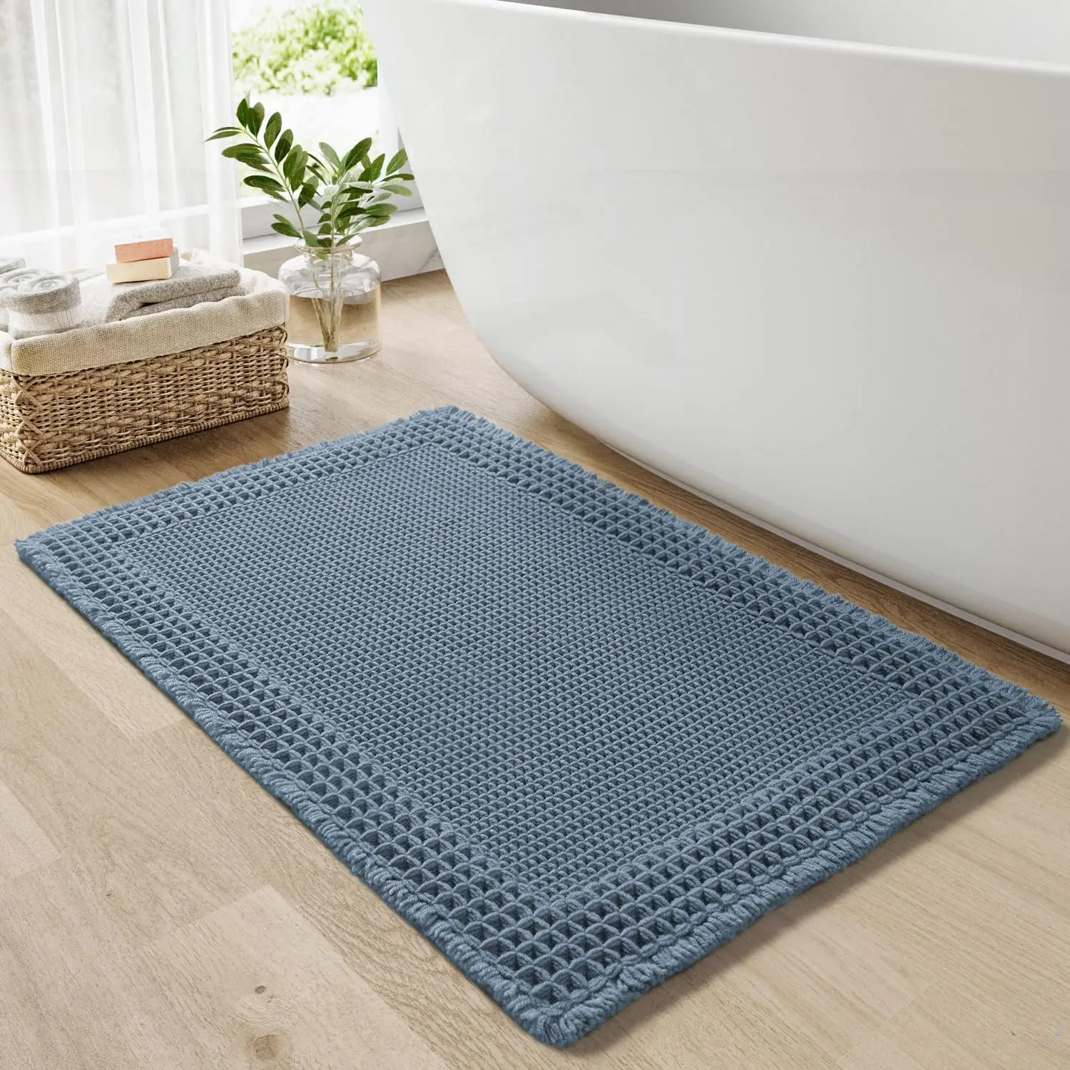 

Waffle Bath Mat - Super Absorbent Non Slip Machine Washable Boho Rug with Tassels, Upgraded Border, 17x24 Blue