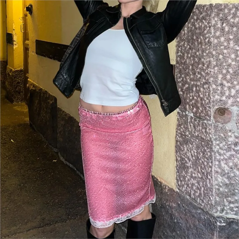 

2025 New Women's Sexy Sequin High Waist Bodycon Mini Skirt Clubwear Sparkle Shimmer See-through Party Skirt Slim Fit Pink