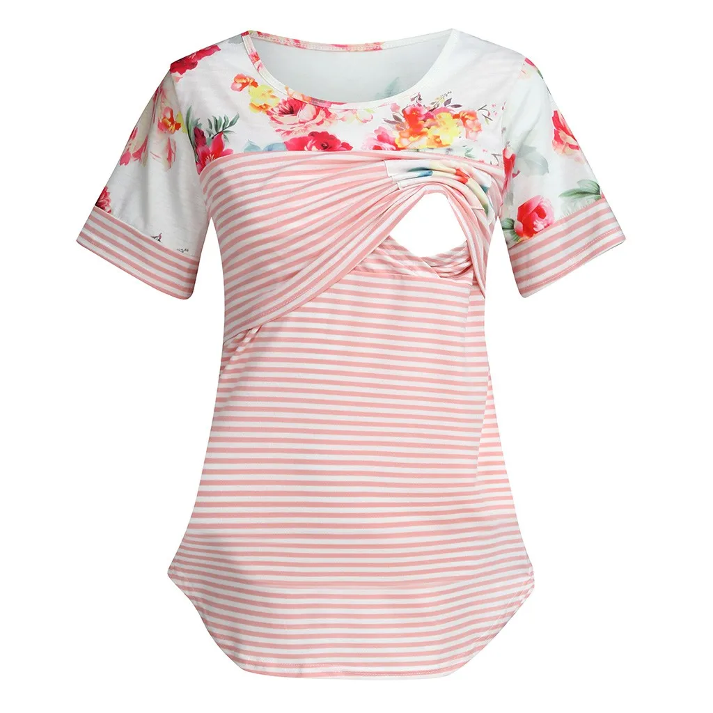 Summer Women Pregnancy Maternity Shirts Maternity Short Sleeve Floral Stripe Nursing T-shirt Top For Breastfeeding для кормления