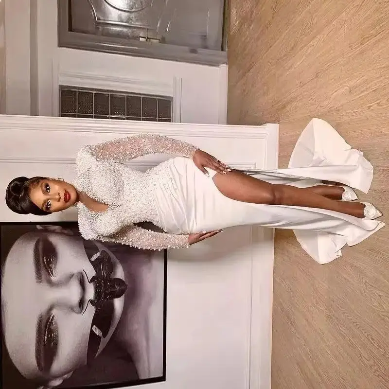 

Deep V Neck Long Sleeves Aso Ebi Prom Dresses Sexy High Split Party Gowns Pearls Beading Mermaid Evening Dresses
