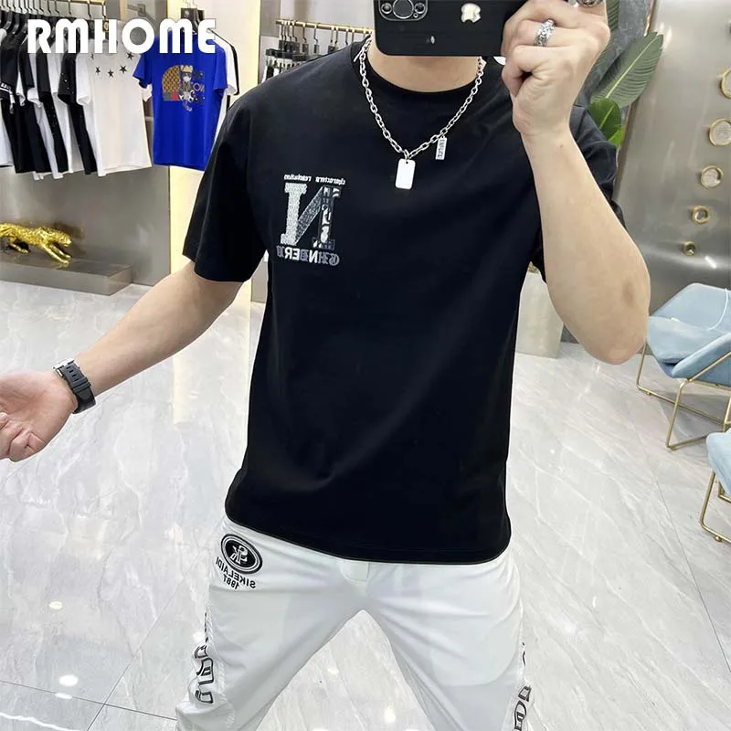 

Men's Trend T-shirt Letter Embroidered 2023 Summer New Short Sleeve Round Neck Male Tees Fashion Casual Cotton Man Clothing Top