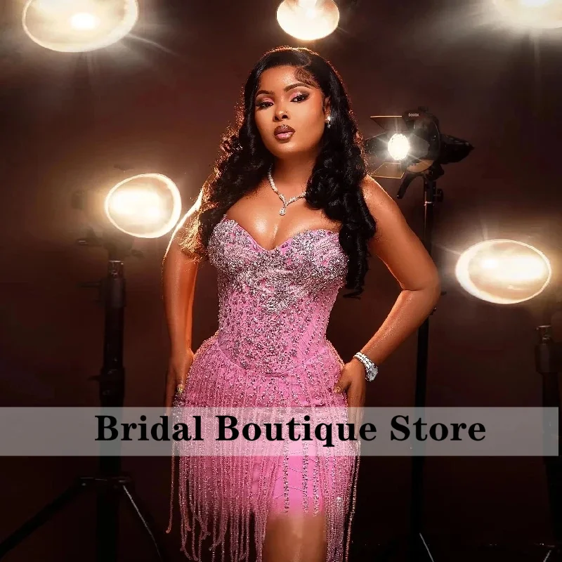 Customized Prom Dress Luxury Mini Rhinestone Fringe Sexy Pink Homecoming Gown Special Occasion Cocktail Party Dress