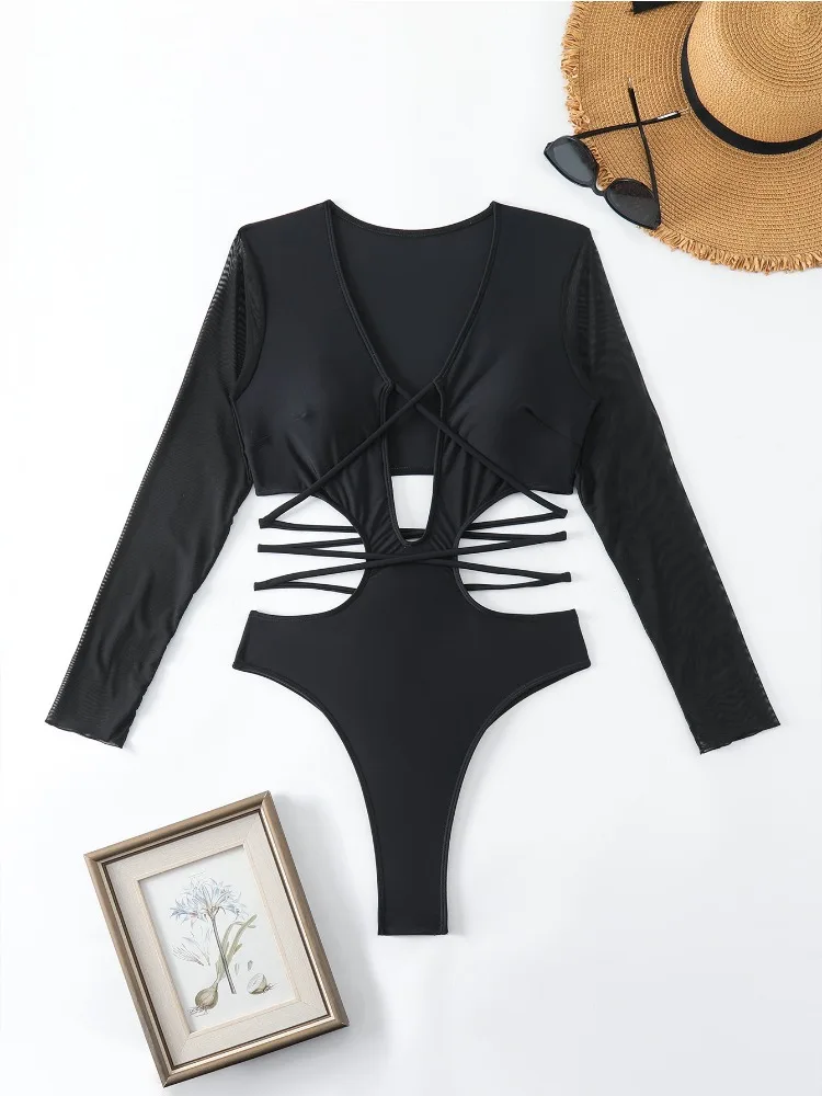 ผู้หญิง One Piece ชุดว่ายน้ําแขนยาวตัดรอบ High Cut บิกินี่ชุดว่ายน้ํา Beachwear traje de baño de mujer