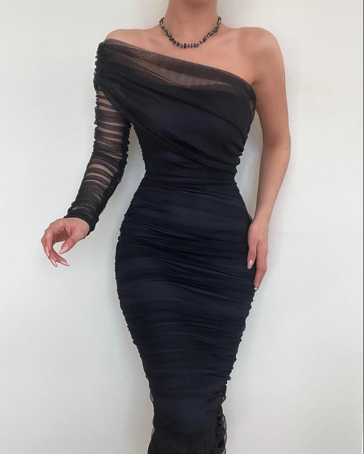 Dresses for Women 2024 Elegant Party One Shoulder Ruched Sheer Mesh Evening Dress Sexy Dresses