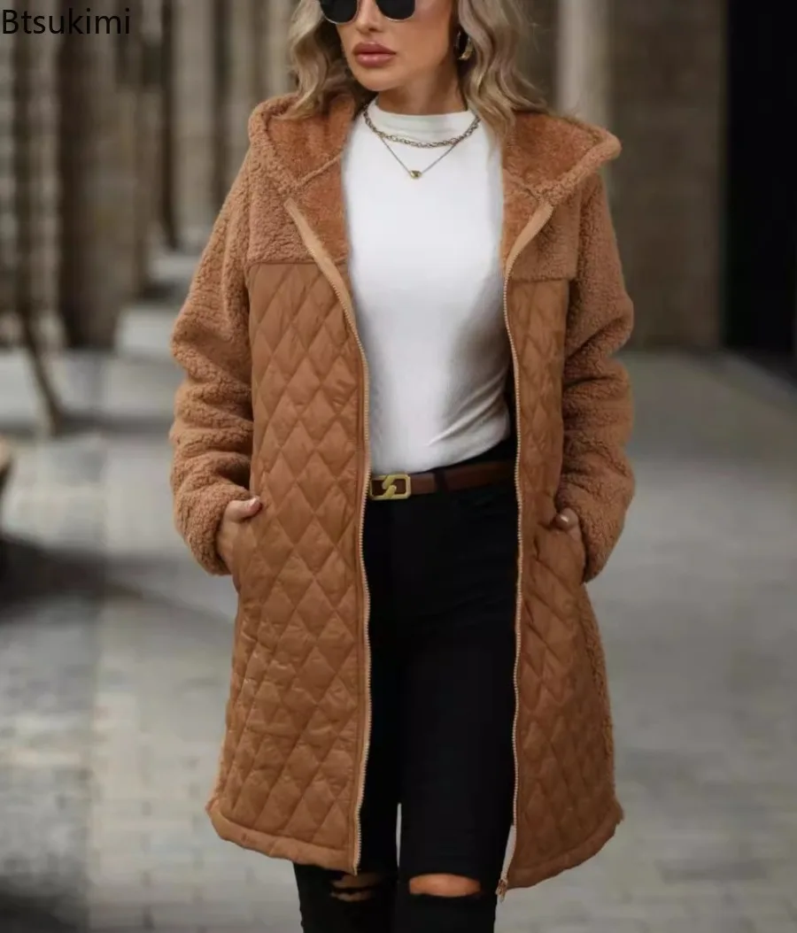 

Women's Winter Warm Jacket Thick Plush Hooded Warm Long Sleeve Long Coat Soft Zipper Patchwork Cardigan Lady Loose Casual Coat
