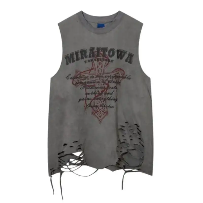 Unisex Gothick Punk Tank Top Women Men's Summer High-Street Tank Top Vintage Washed Distressed Design Printed Sleeveless T Shirt
