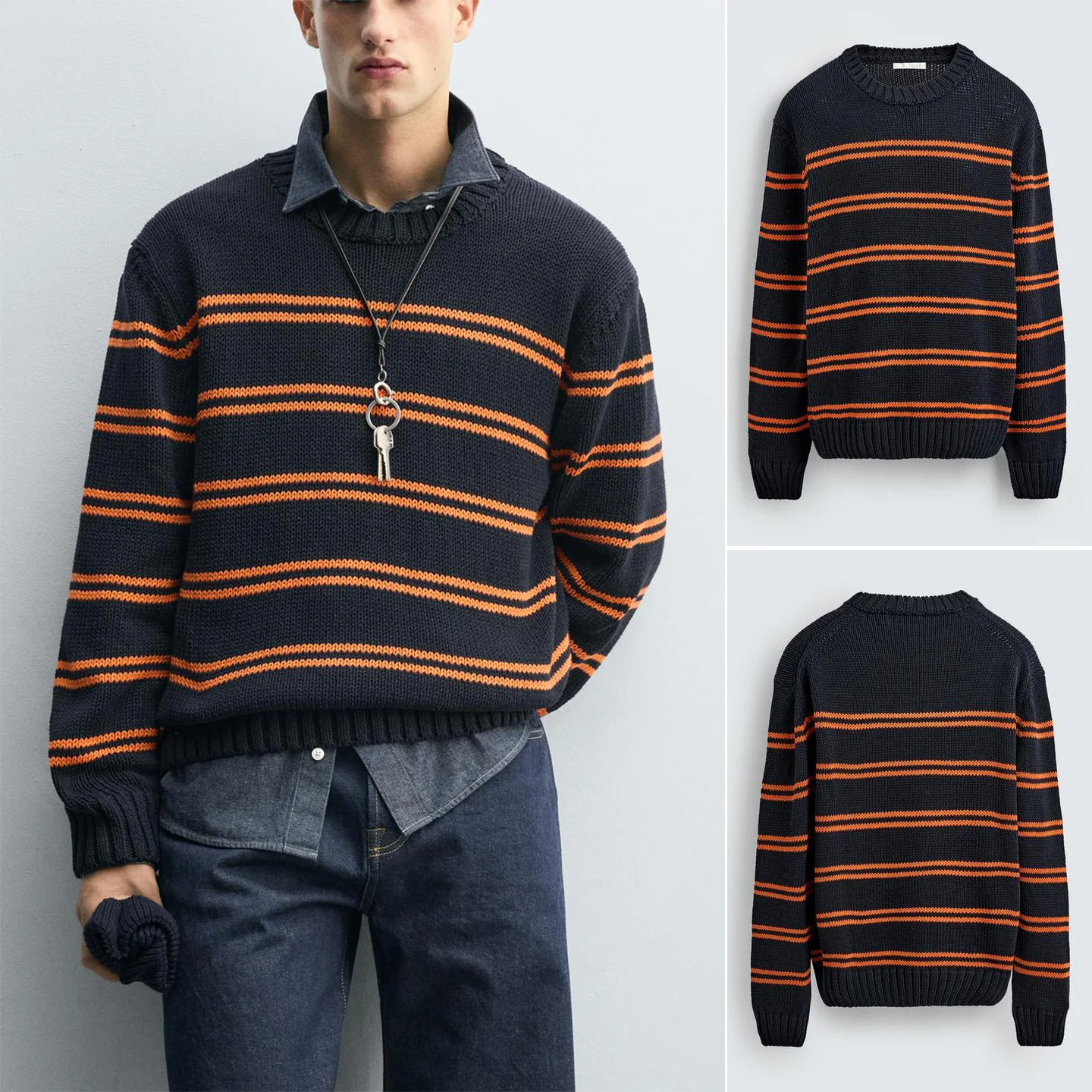 

Осенне-зимний мужской свободный вязаный свитер с цветочным узором, длинный све, полосатый дизайн, повседневный полиэстер...