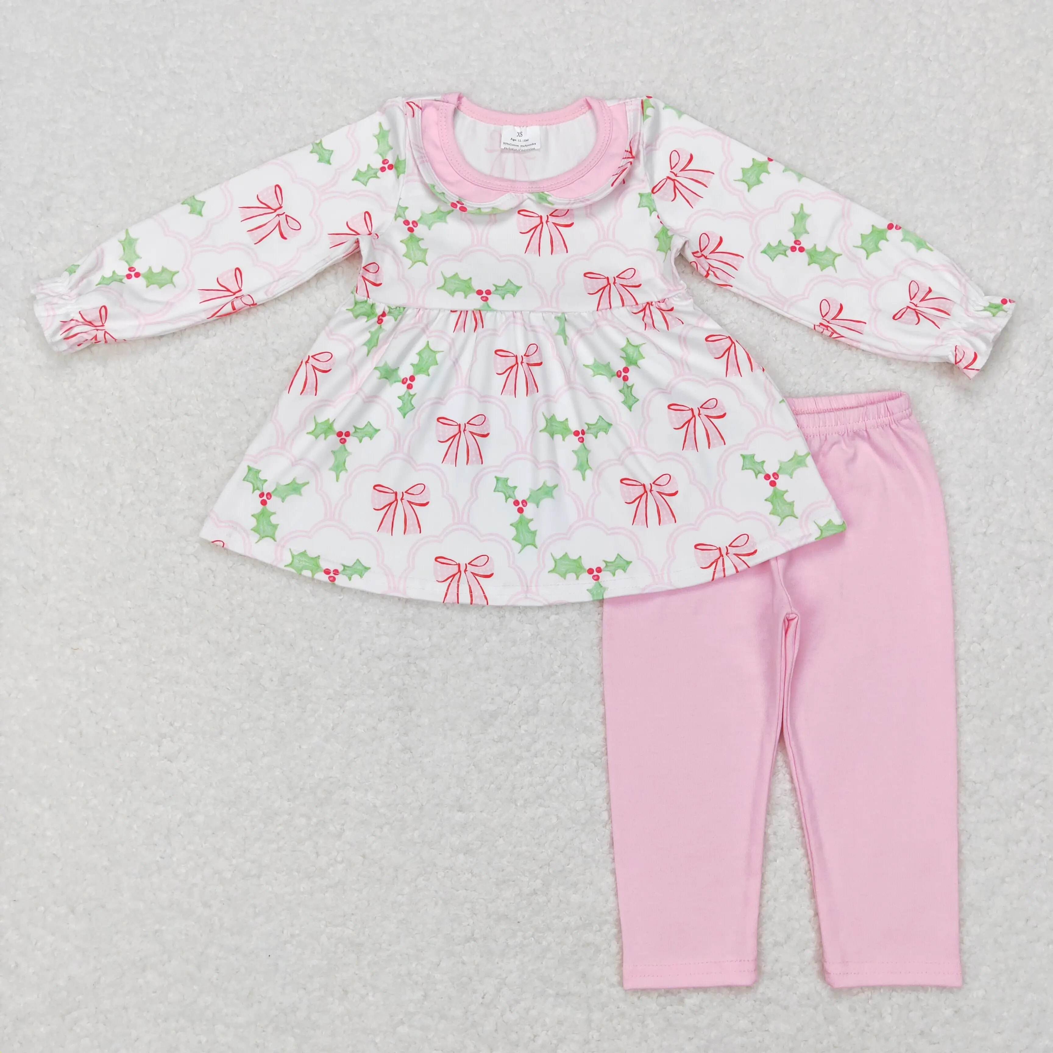 

wholesale hot sale children baby girls clothes boutique outfit Bow geometric design pink collar white long sleeve pants suit