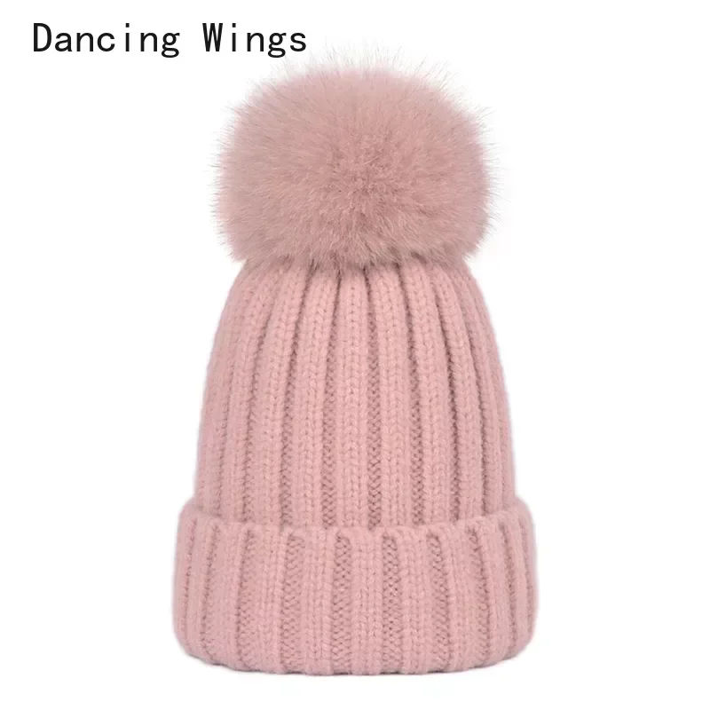 

Natural Fox fur pompon hats women winter caps with fox ponpon pompom big ball pompon fur female mink knitted caps