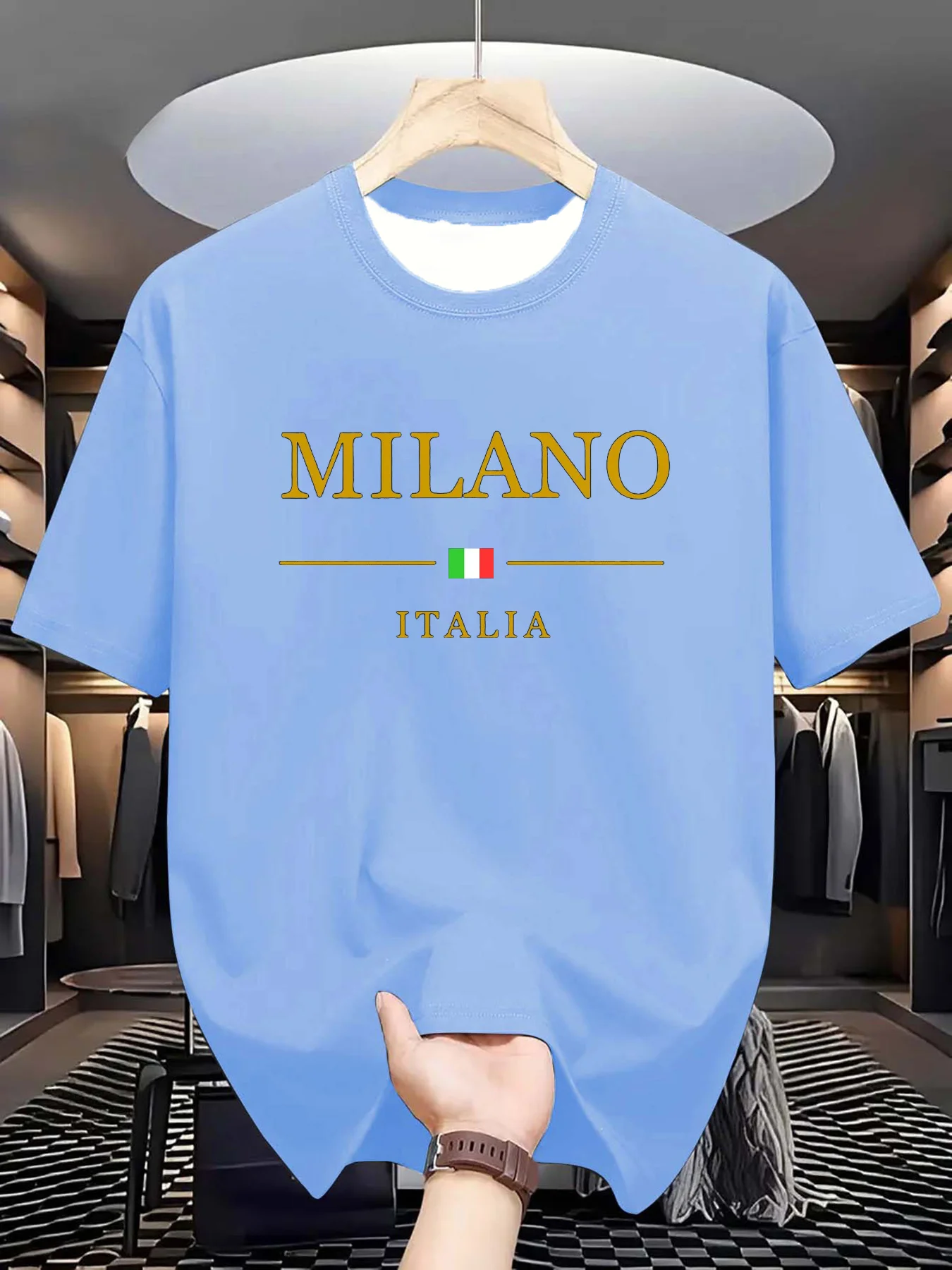 

Мужская летняя хлопковая модная повседневная свободная футболка больших размеров с миланским итальянским узором и круглым вырезом с короткими рукавами, топ