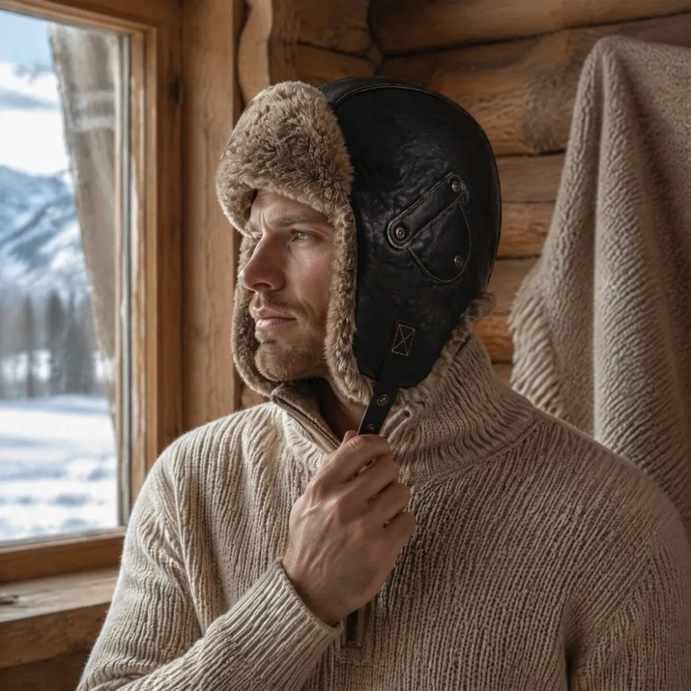 Unisex Vintage Pu Leather Pilot Hat Thicked Side Rivets Winter Ski Cap Leather Buckle Warm Ear Protection Hat Mountaineering