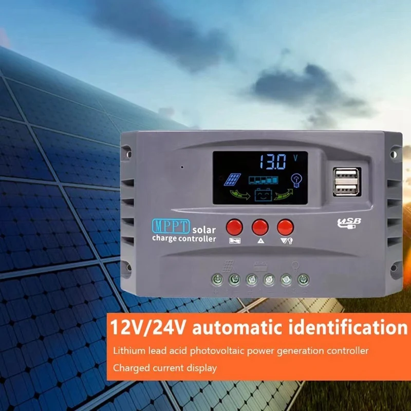 Controlador de carga Solar MPPT de 12V y 24V, pantalla inteligente, protección de controlador estabilizador de voltaje USB Dual, oferta