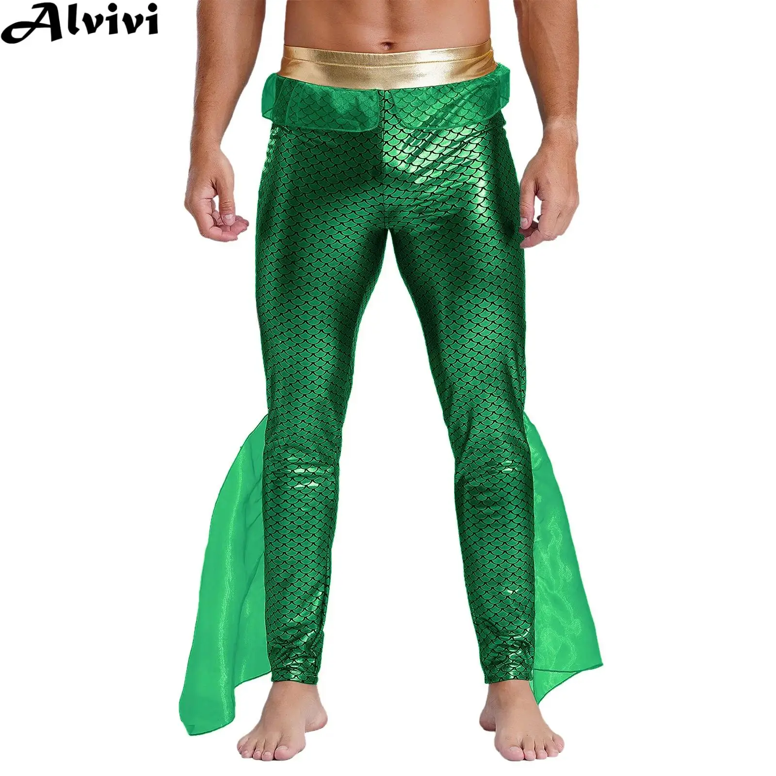 Mannen Zeemeermin Broek Halloween Poseidon Koning Van De Zee Cosplay Fancy Dress Kostuum Metallic Glanzende Fishscale Print Mesh Legging