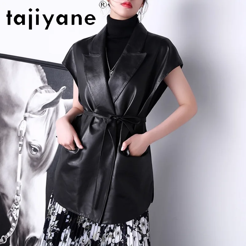 TAJIYANE 100% Top Layer Sheepskin Sleeveless Leather Waistcoat Mid-length Genuine Leather Jacket Women V-neck Veste Femme Slim