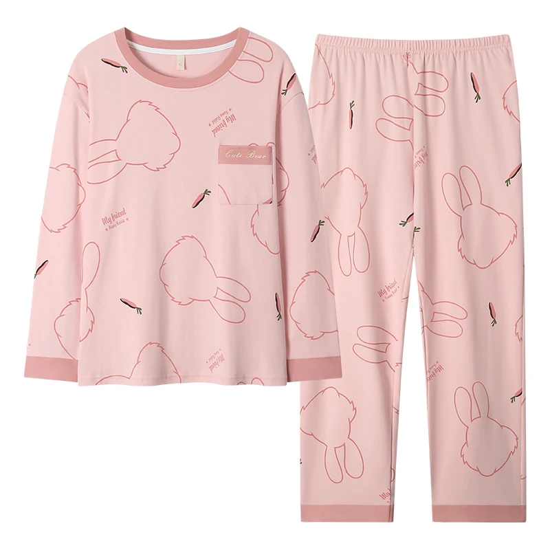 M-3XL round neck pullover pure cotton women's pajamas loose casual women's home clothing set