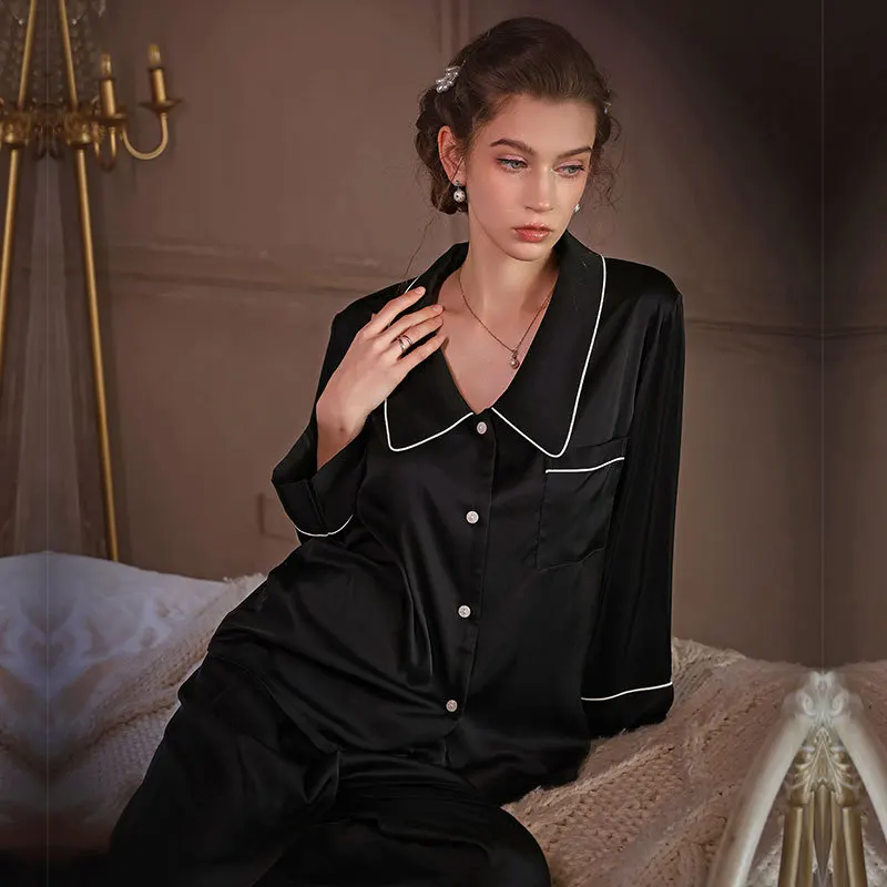 Female Pajamas Set White Satin Long Sleeve Trouser Suits Pyjama Pour Femme Spring Summer Sleepwear Loose Home Clothes Loungewear