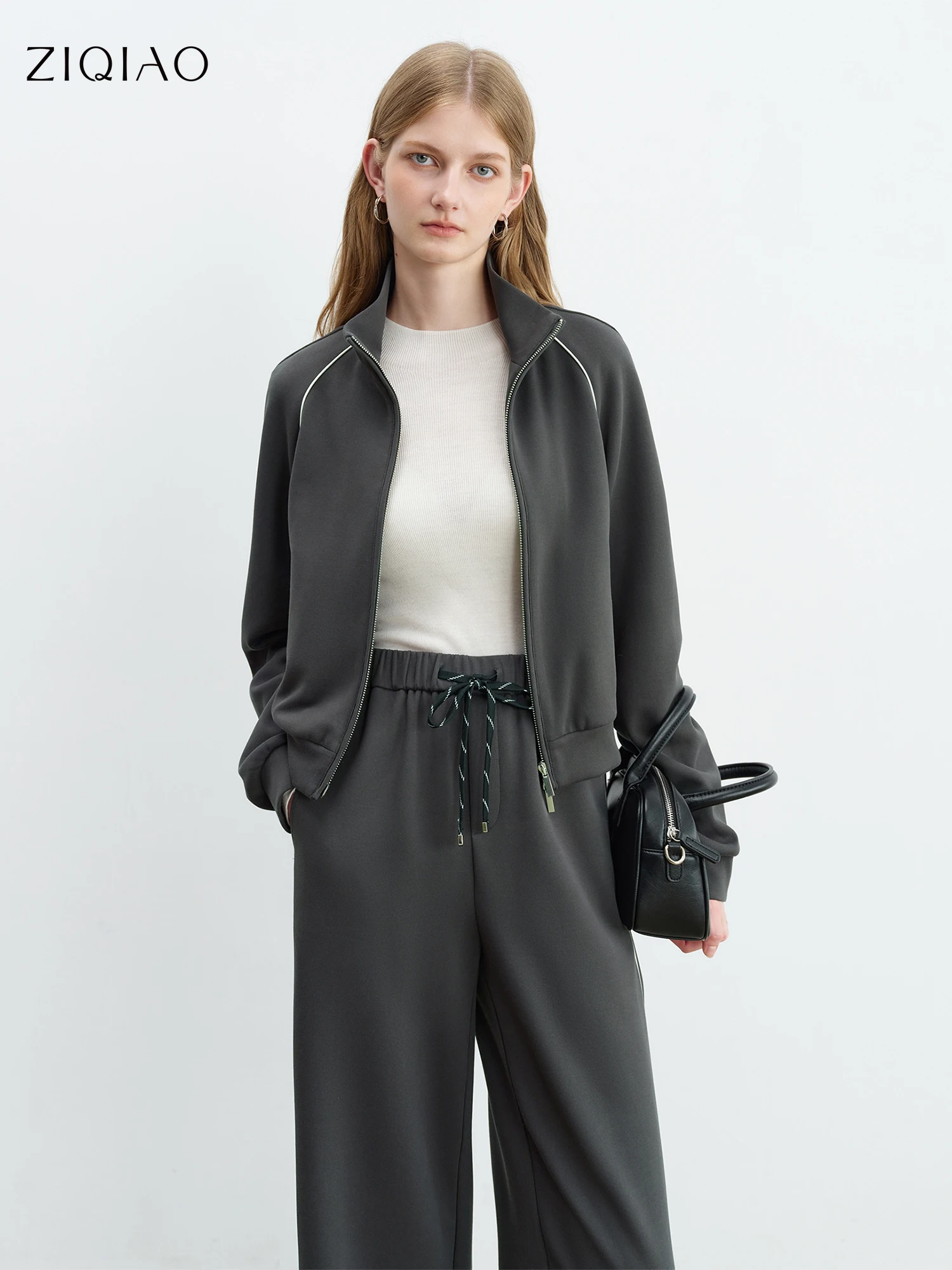

ZIQIAO Contrast Color Cropped Jacket Casual Pants Suit Women 2025 Early Autumn New Workout Outfit Female Set 25ZQ93072+25ZQ93073