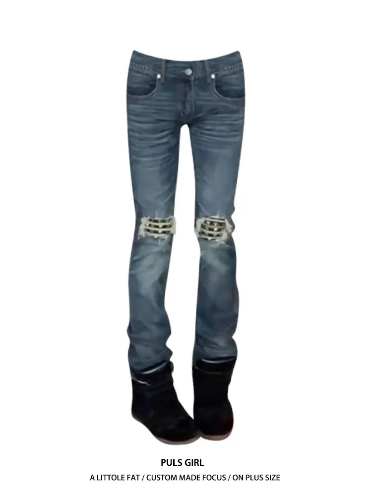 

Retro Large Size Women's Jeans Knee-Hole Rivet Worn Straight Leg Slim Fit Long Pants Casual Low Waist Other Fabric Four Seasons