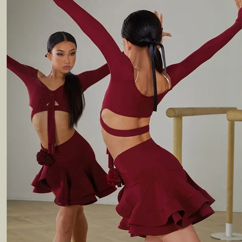 

Latin Dance set Clothes Girls Long SLeeves Short Top Skirt Cha cha samba Performance Competition Dress Burgundy Black Dress Kids