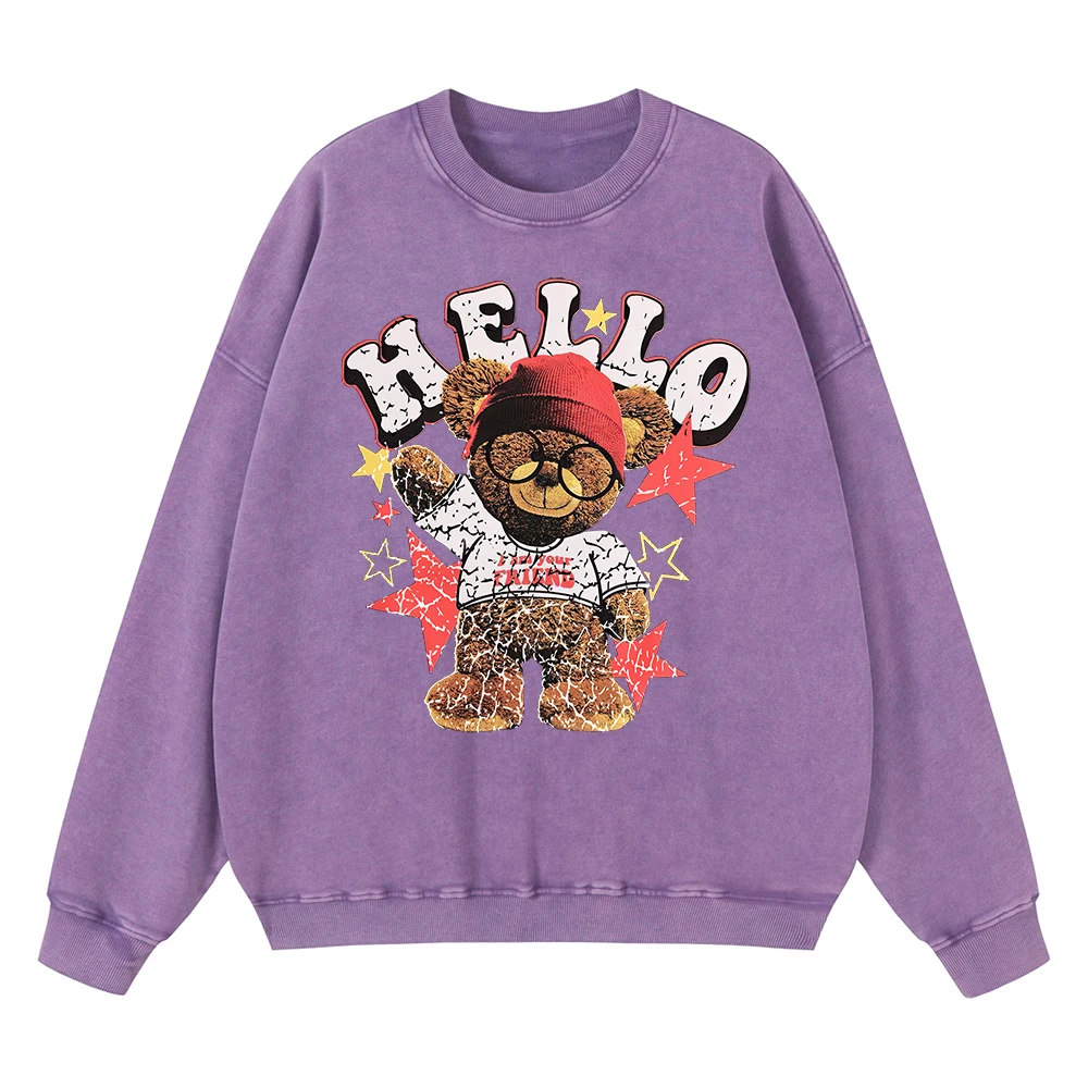 Vintage Distressed Washing Hello I Am Your Friend Ted Bear Sweatshirt Men Hip Hop Casual Hoodies Loose Hoody Fashion Cotton Tops