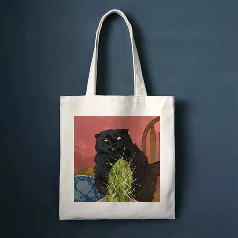 Canvas Shopping Bag Cartoon Fun Cat Oneway Shopping Bag Handbag Shoulder Bag Large Capacity Casual Fashion Portable Shopping Bag