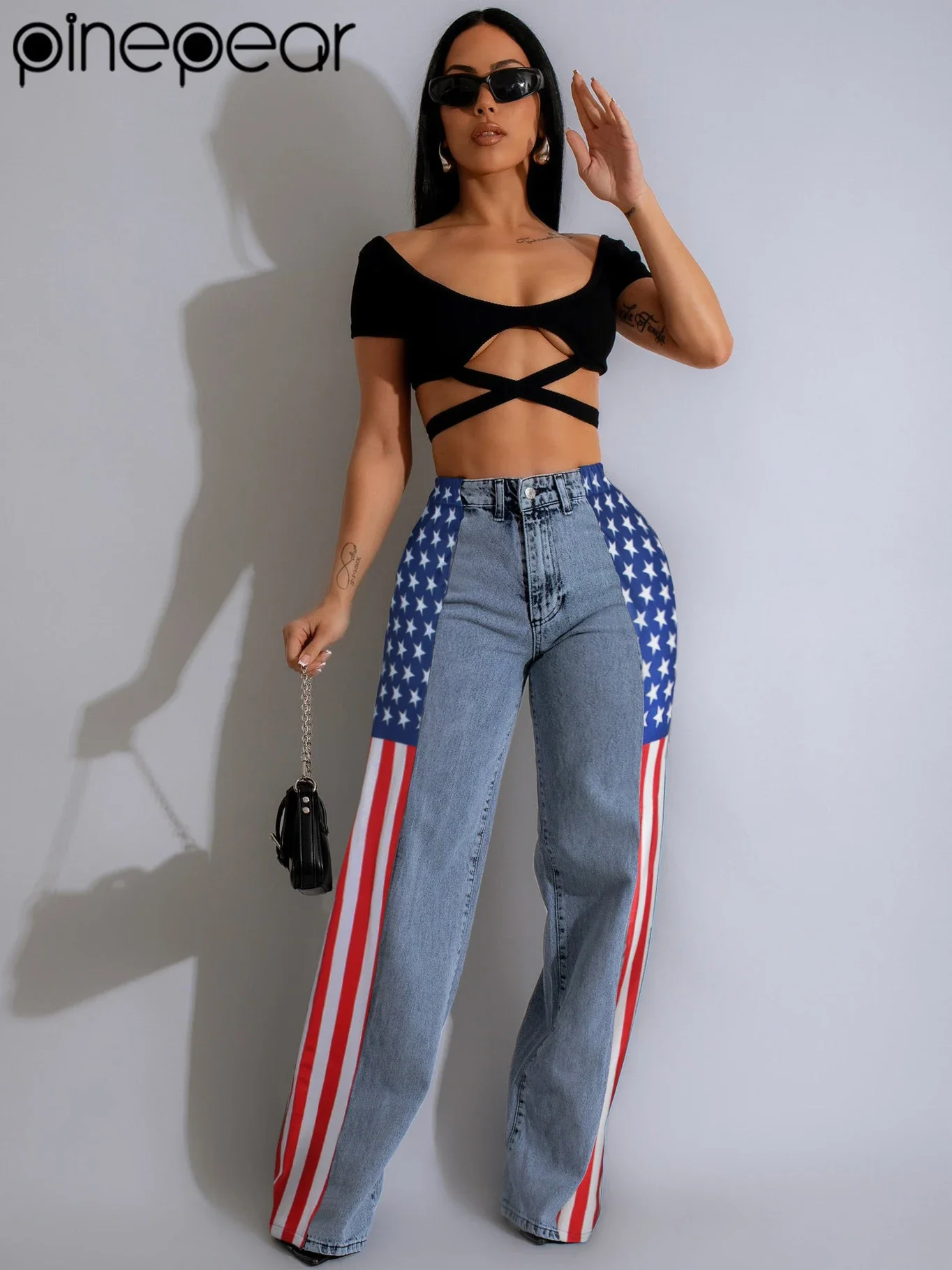 PinePear 2025 American Flag Print Women Baggy Jeans Streetwear Y2K Long Straight Trousers High Waisted Wide Leg Denim Pants