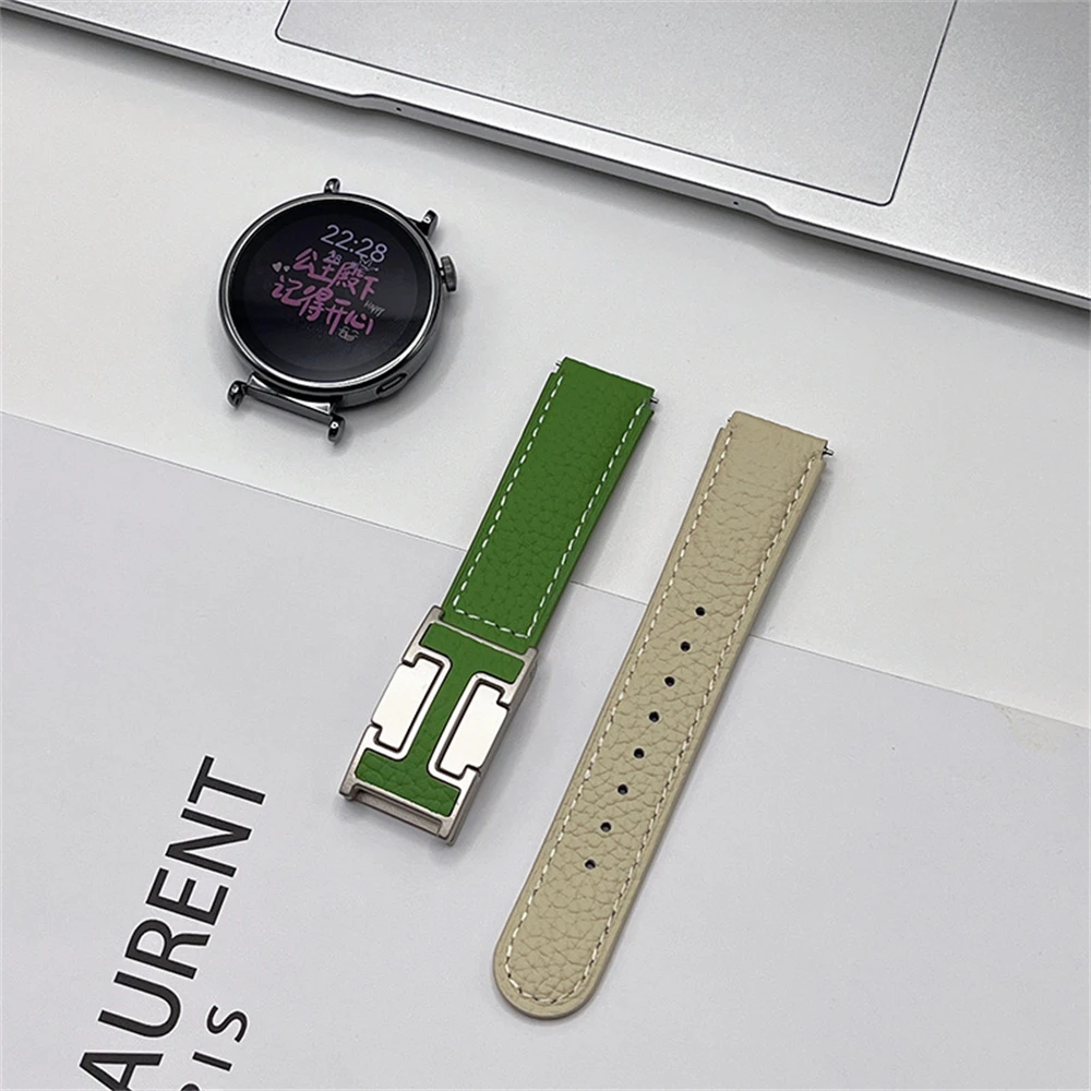 18MM 20MM 22MM Genuine leather Watchband For Huawei watch 3 4 GT2 GT3 GT4 GT5 / GT5 Pro Litchi patterned H-buckle magnetic sucti