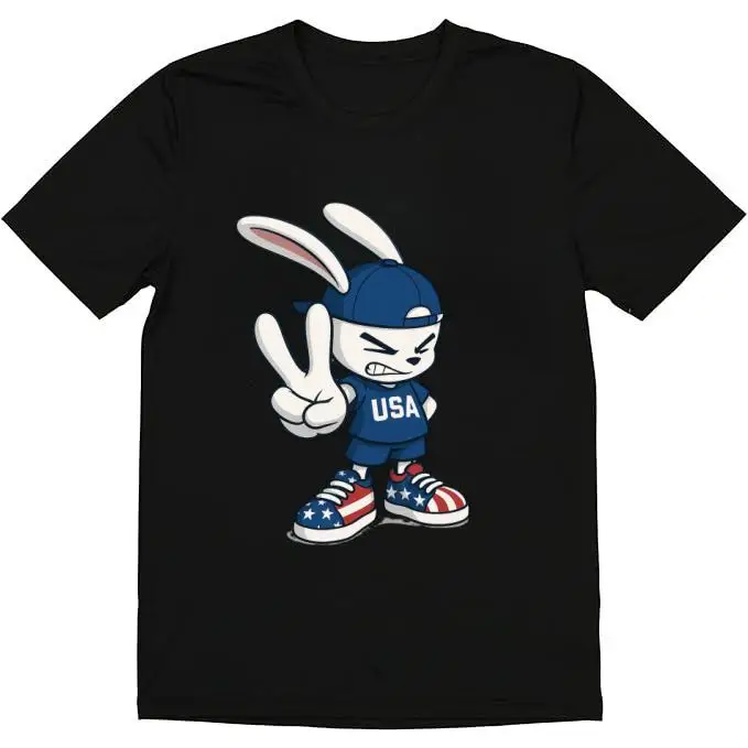 

Men Women Funny Rabbit USA T-shirt, Patriotic Cartoon Graphic Tee, Peace Sign American Flag Streetwear Tops